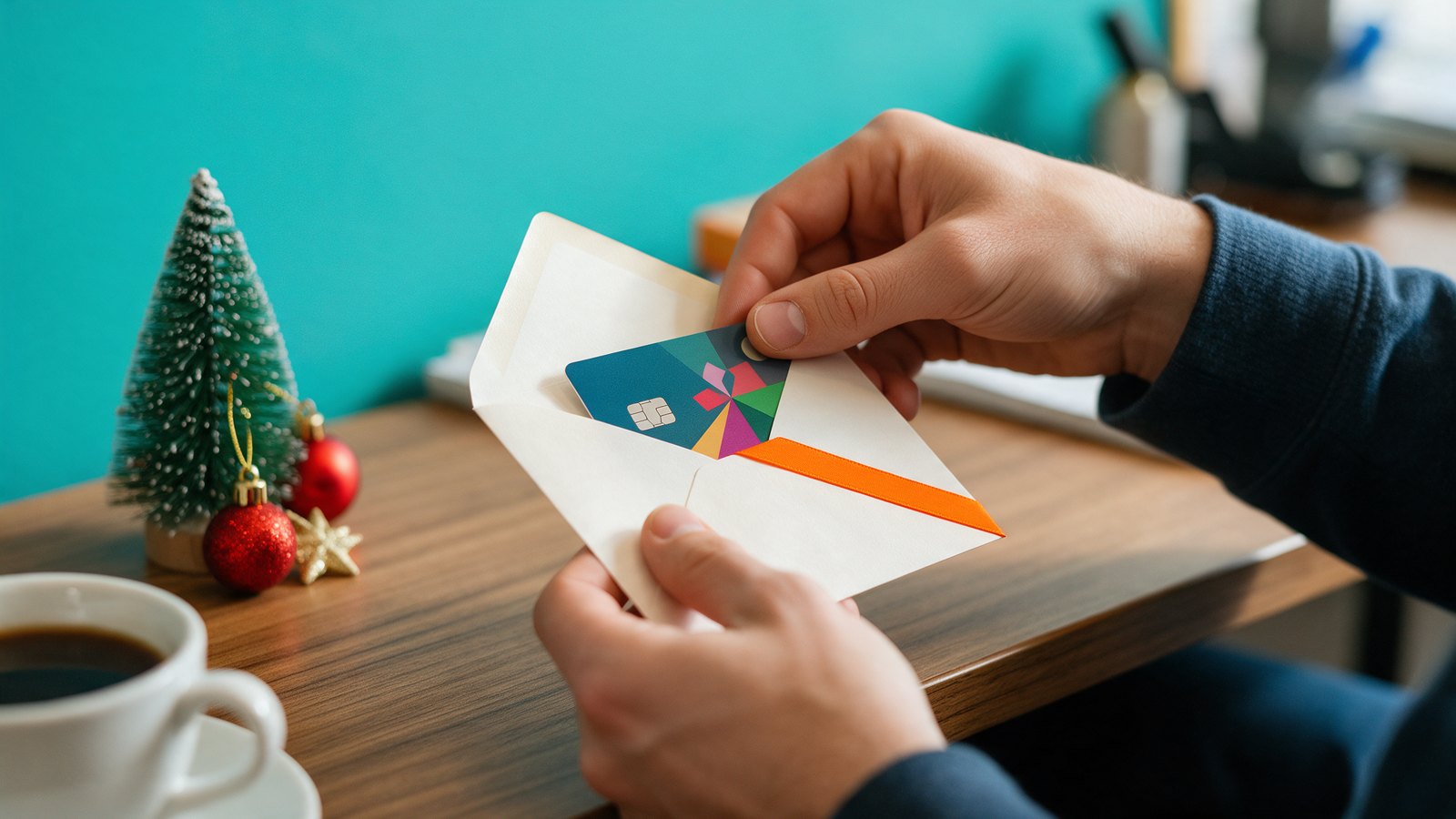 Carte cadeau de Noël offerte à un salarié dans une enveloppe de fête